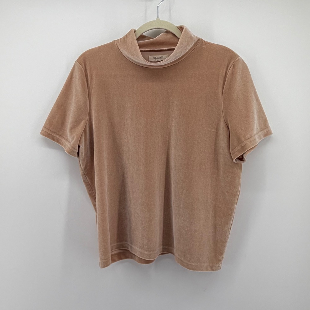 Madewell Womens Large Tan Velvet Mock Neck Short Sleeve Top Office Casual